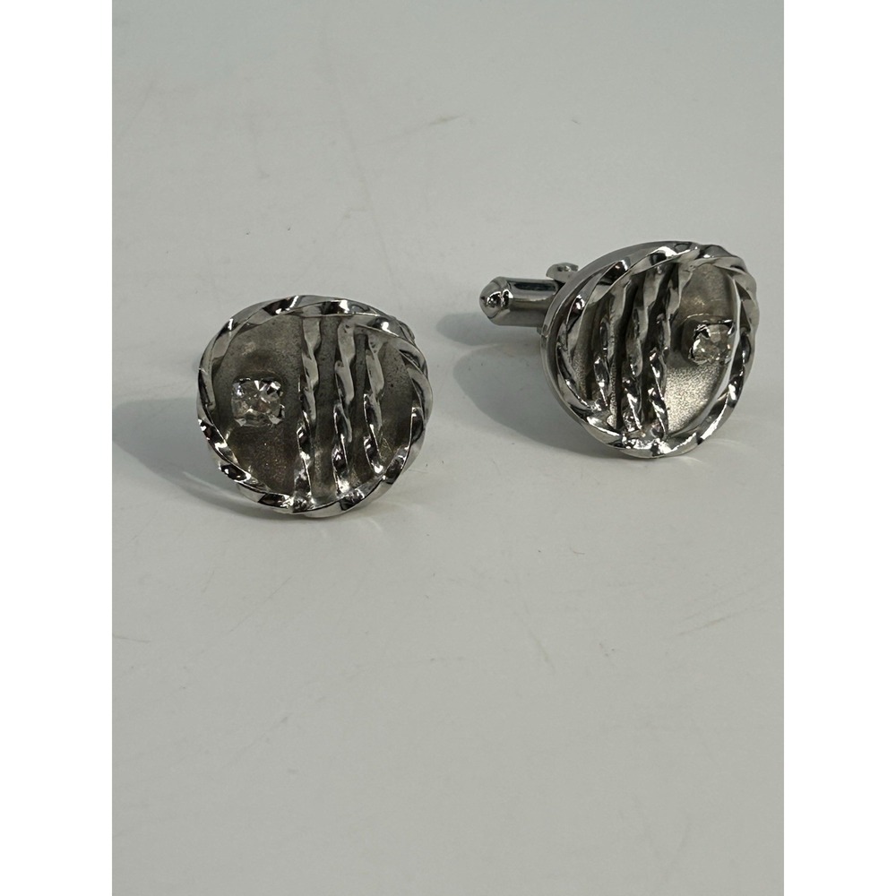 Vintage Round Silver Tone Cufflinks W/ Clear Stone & Wave Pattern